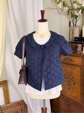 LOFT Navy Eyelet Short-Sleeve Blazer Y2K style Preppy Coquette Girl Balletcore